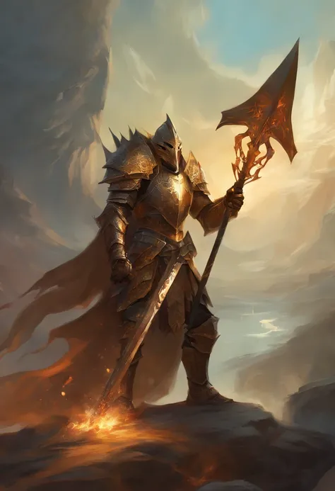 Dnd dragonborn paladin holding a halberd in full heavy armor