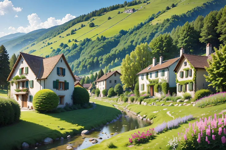 Campagne paisible et idyllique, Verdant hills dotted with grazing sheep, Villa de charme，Set amidst vibrant flowers, Clear blue sky above our heads, Evokes a sense of peace and simplicity, Beautiful valley, Suisse, parcelles de champs verts, Campagne luxur...