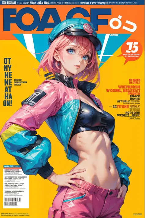 1girl, sfw, cap, shorts, jacket, nice slender body, large breasts, (Magazine cover-style illustration of a fashionable woman in vibrant outfit posing in front of a colorful and dynamic background. She has a confident expression and is striking a pose. The ...