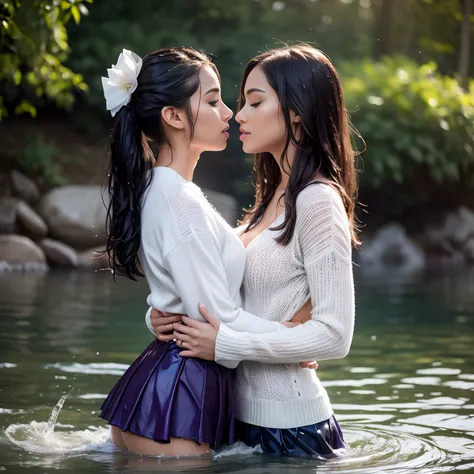 Two women embracing in water, bodies pressed together, ((lips touching)), romantic, lively, in water up to their chests, masterpiece, best quality, highres, hmsl1, hair flower, x hair ornament, white sweater, purple jacket, flower, long sleeves, open cloth...