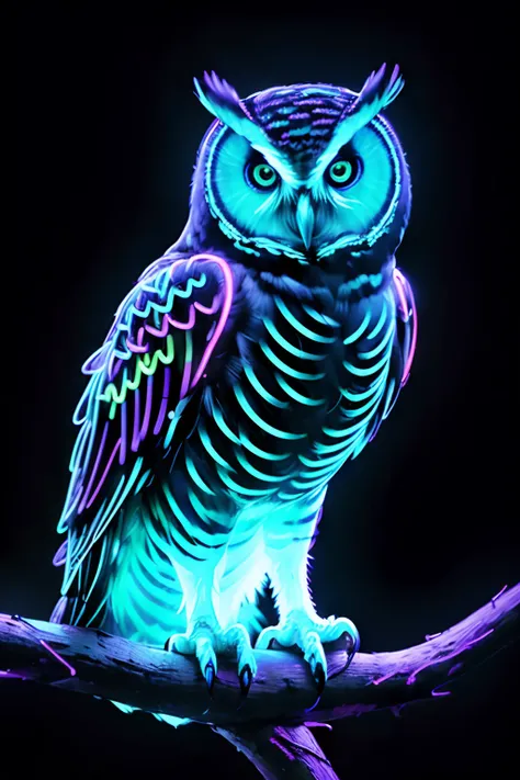 (((masterpiece))), (((neonart))),realistic , neon owl, high detail neon owl glowing, neon  owl, neon tree, neon moon, in a black background,