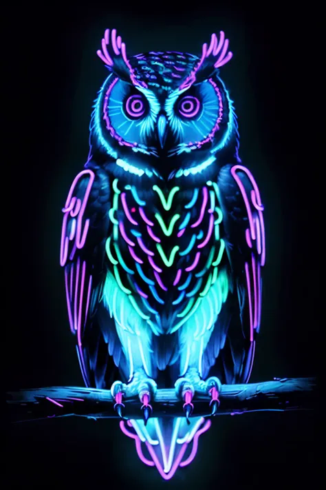 (((masterpiece))), (((neonart))),realistic , neon owl, high detail neon owl glowing, neon  owl, neon tree, neon moon, in a black background,