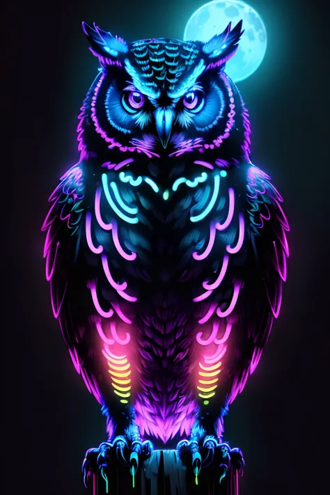 (((masterpiece))), (((neonart))),realistic , neon owl, high detail neon owl glowing, neon  owl, neon tree, neon moon, in a black background,