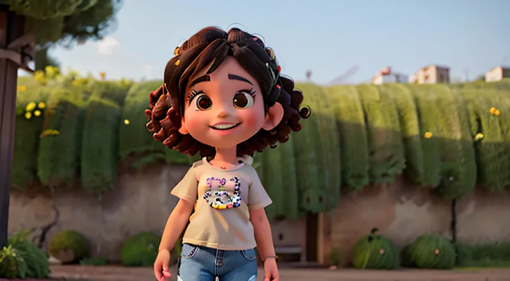 Young girl (around 8 years old)

Curly hair, big bright eyes, and a contagious smile

Wearing a t-shirt, jeans, and sneakers