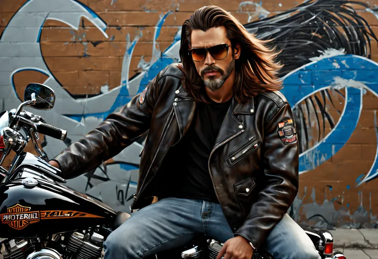 (best quality, 4k, 8k, high resolution, masterpiece: 1.2), ultra detailed, (realistic, photorealistic, photorealistic: 1.37), a man, long brown hair, wearing a leather jacket and jeans sitting on his large Harley Davidson motorcycle, portrait, highly detai...