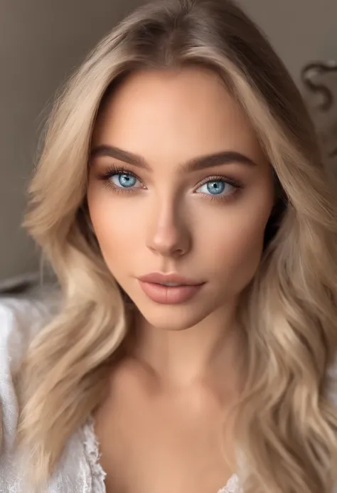 Arafed woman in full , Sexy girl with blue eyes, ultra realistis, Meticulous detail, portrait sophie mudd, blonde hair and large eyes, selfie of a young woman, bedroom eyes, violet myers, no makeup, natural makeup, looking straight at camera, face with art...