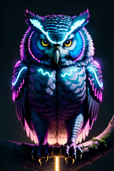 (((masterpiece))), (((neonart))),realistic , neon owl, high detail neon owl glowing, neon  owl, neon tree, neon moon, in a black background,