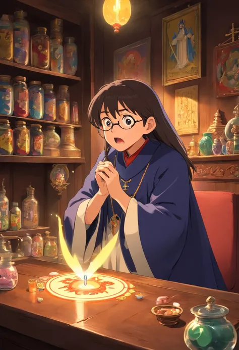 a priest consuming drugs, (best quality, realistic:1.37) detailed face, drugs in hand, shocked expression, dimly lit room, religious symbolism, dramatic lighting, artwork in the background, intense colors