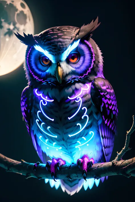 (((masterpiece))), (((neonart))),realistic , neon owl, high detail neon owl glowing, neon  owl, neon tree, neon moon, in a black background,