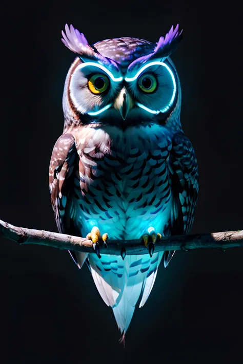 (((masterpiece))), (((neonart))),realistic , neon owl, high detail neon owl glowing, neon  owl, neon tree, neon moon, in a black background,