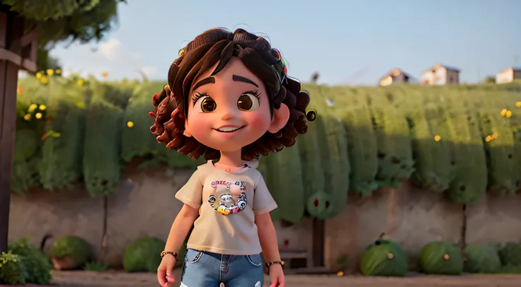 Young girl (around 8 years old)

Curly hair, big bright eyes, and a contagious smile

Wearing a t-shirt, jeans, and sneakers, standing in the backyard with a curious expression