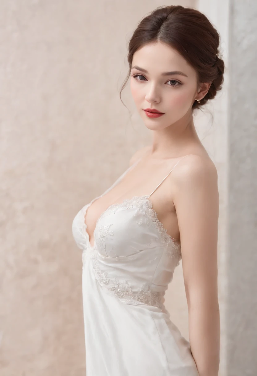 From above, ((Best Quality)), ((Masterpiece)), (Details), 1girl, she was wearing a revealing white dress. The dress, exposing the shoulders and navel, fit the body snugly and beautifully emphasized its curves. Her skin was white like ivory and soft and smo...