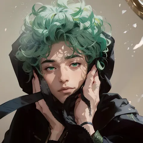 8K，HighestQuali，Premium，Master illustration，1 man，Green curls，green pupills，Golden-green robes，Charismatic，beautiful hand，Holding his face