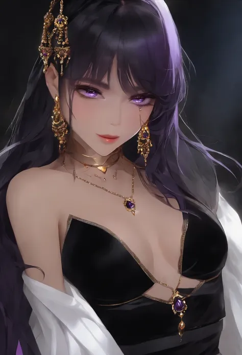 black shiny hair,purple eyes,glowing eyes,shadows beneath eyes,long hair,half closed eyes,bare midriff,navel,ferronnières,black transparent veil,black slaveless top,black velvet hip scarf,golden neck bracelet,golden earings,