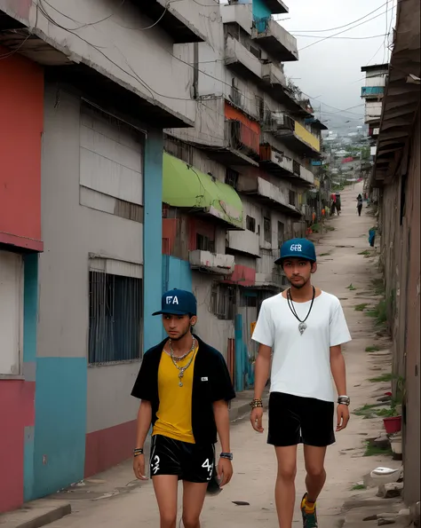 people in the favela, wearing flat-brimmed caps, wearing velvet cyclone shorts, silver chain around their neck