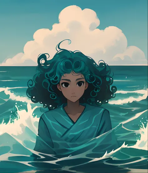 Ocean Spirit, curly hair, blue, teal, black eyes