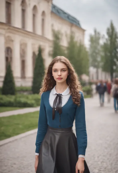 (Two Russian Schoolgirls:1.3), (Very slim, long curly hair:1.2), (15 years, walks through the city:1.4), Very beautiful Russian young girl,Very slim, leather skirt , русая, Alluring posture, Instagram models, Leaning over the table