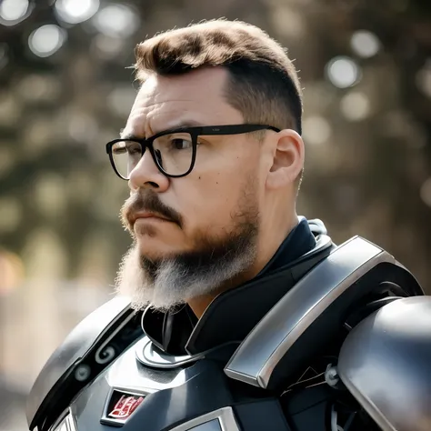 guttojugg1, portrait photo of muscular bearded guy with glasses in a used mech suit, ((bokeh luz)), intrincado, (steel metal [de...