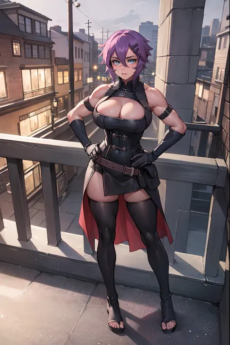 (masterpiece, best quality), outdoors,medieval, european cityscape in 1400, alley, night, 1girl, solo, MayaRoadi3Manityro, scar on nose, hairclip, short hair,, large breasts, muscular, covered abs, , blush, parted lips, , elbow gloves, grey gloves, bare sh...