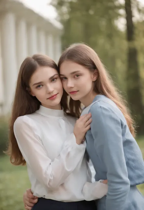 (Two Russian Schoolgirls:1.3), (Very slim:1.2), (15years, hugging each other:1.4),
Very beautiful Russian young girl,Very slim, in shiny leggings, 
Transparent White Top, русая, Alluring posture, Instagram models,