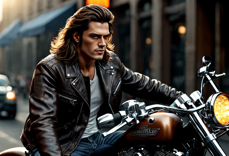 (best quality, 4k, 8k, high resolution, masterpiece: 1.2), ultra detailed, (realistic, photorealistic, photorealistic: 1.37), a man, long brown hair, wearing a leather jacket and jeans sitting on his large Harley Davidson motorcycle, portrait, highly detai...