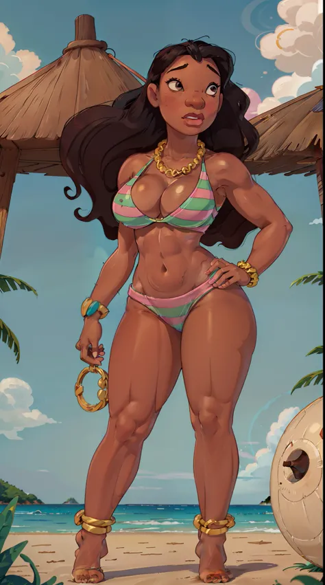 1girl, Nani pelekai ((naniwaifu))15 year old, Caribbean girl, (curvy muscular body), cleavage, huge cleavage, enormous saggy tits) gold chains between-under  breast (Defined muscles, hourglass body shape aaa, thick thighs, muscular legs, sexy look, ebony ,...