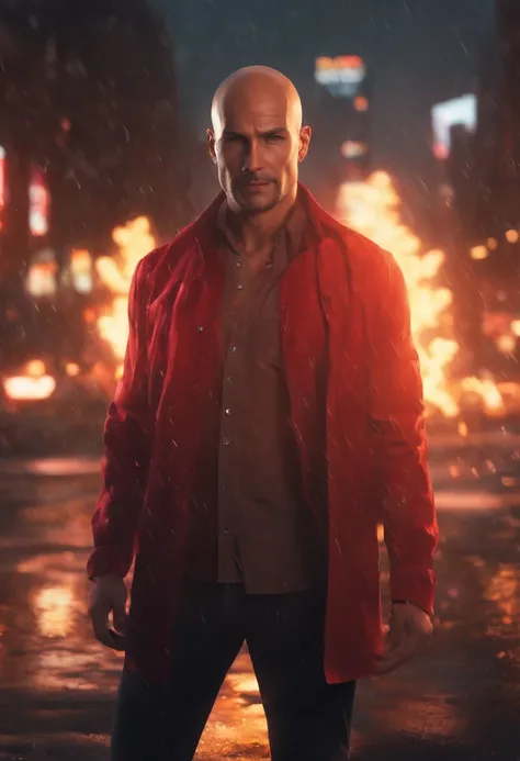 a man with an evil smile button up shirt, raining in the city, fire burning in the background, shaved head, red rim lighting, 8K, UHD, [candid, amateur], cinematic lighting, upper body, highly detailed face, close up, serious face, villainous,johny sins,po...