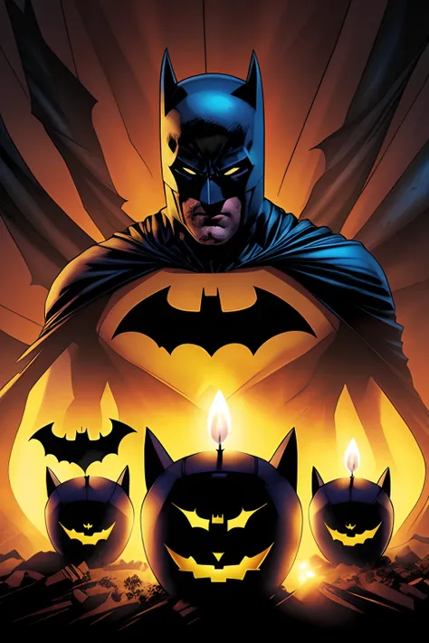 Batman no dia do Halloween, com bruxas, morcegos, aboboras iluminadas com velas por dentro, zumbis, fantasmas, tudo que existe numa festa de Halloween