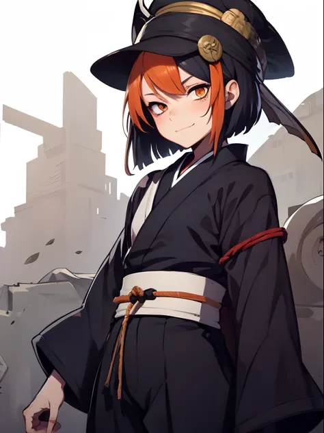 Orange hair, smug smile, TATE-EBOSHI, standing eboshi, onmyoji, tall black Japanese eboshi hat, eye bags, tired, long black sleeves, orange eyes, short hair, black outfit, emotionless expression, black shirt, upper body, black baggy Japanese pants, towel