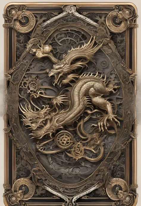 mythology, 3d dragon design for back of playing cards, black and white, shadows