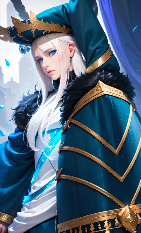 white hair, blue eyes