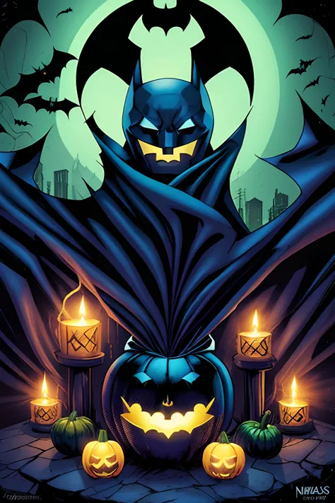 Batman no dia do Halloween, com bruxas, morcegos, aboboras iluminadas com velas por dentro, zumbis, fantasmas, tudo que existe numa festa de Halloween