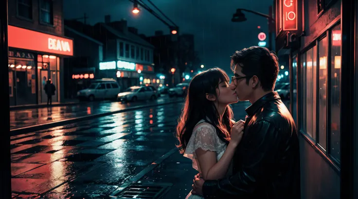 two lovers kissing against window glasses in the rain, nostalgic feel, realistic, street light, neon light, dreamy