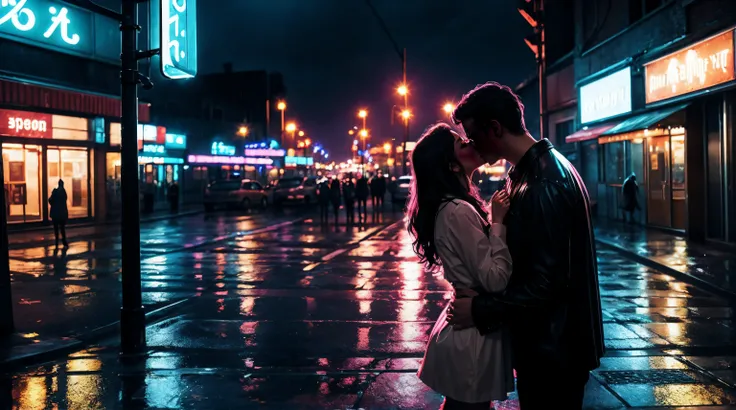 two lovers kissing against window glasses in the rain, nostalgic feel, realistic, street light, neon light, dreamy