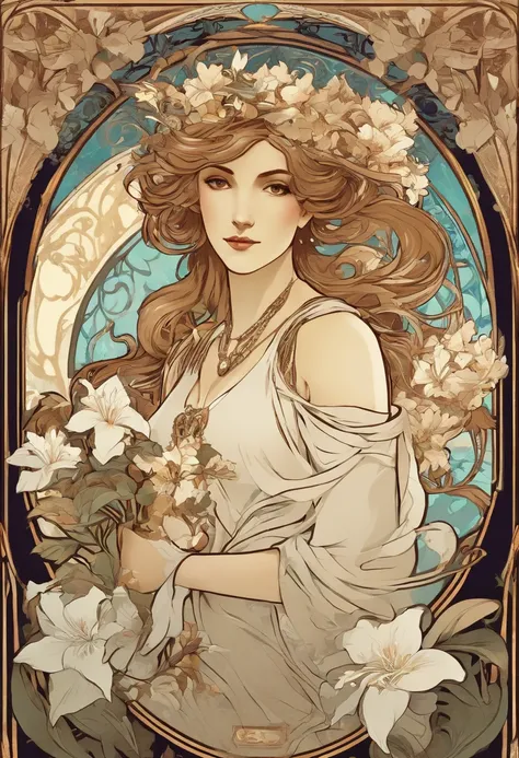 8K.Poster illustration in Alphonse Mucha style, Flat painting, Beautiful Marvel Iron Man with a bouquet of white lilies,Full body like,slenderbody, Art Nouveau, Plants in the background, masutepiece, Alfonse Mucha, high details