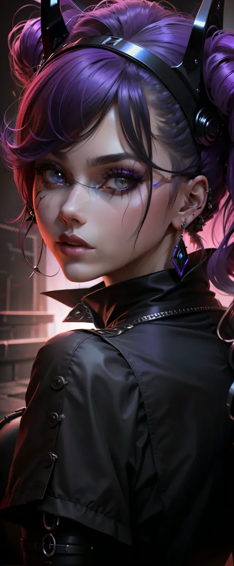 "Make a work of art in cybernetic Gothic style with earrings, cabelo roxo cacheado e usando um terno." Estilo NSFW