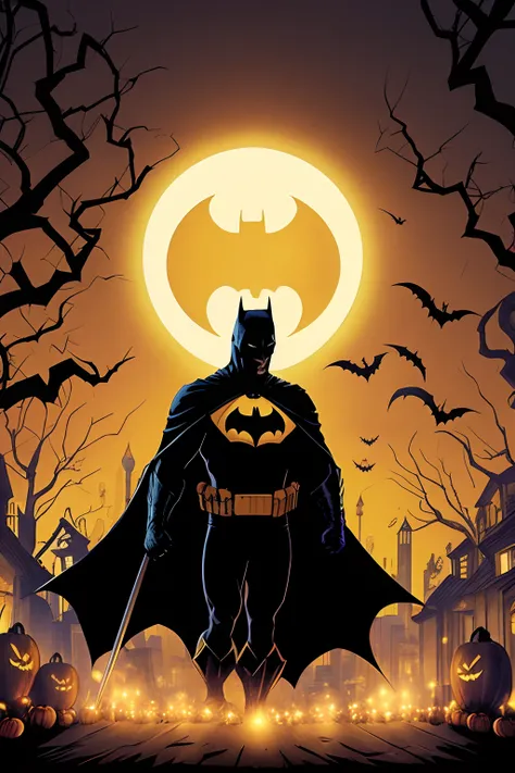 Batman no dia do Halloween, com bruxas, morcegos, aboboras iluminadas com velas por dentro, zumbis, fantasmas, tudo que existe numa festa de Halloween