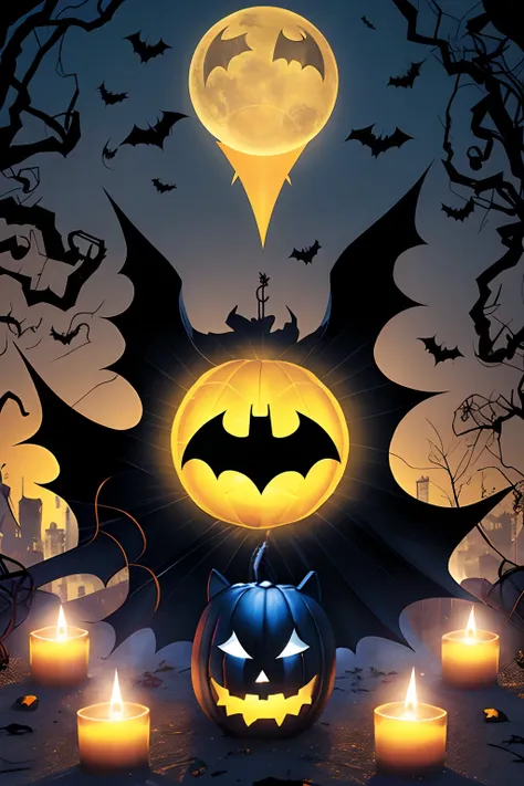 Batman no dia do Halloween, com bruxas, morcegos, aboboras iluminadas com velas por dentro, zumbis, fantasmas, tudo que existe numa festa de Halloween