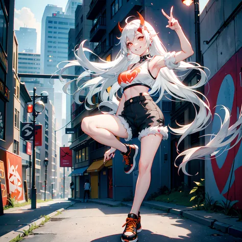 1 girl, solo, snow white hair with red tips, orange eyes, long hair, intricate glowing blue hairpin, fishnet street crop_top, short trousers grinning, smiling, winking, one_eye_closed, standing, posing, graffiti wall in background