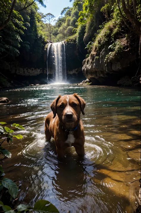 cachorro sentado na beira de uma cachoeira, montanhas e floresta ao fundo, blue skies