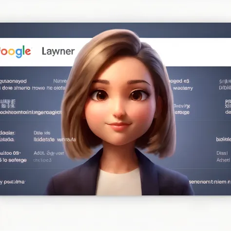 um close up de um personagem de desenho animado na tela de um computador, advogado, Google, advogada, corporate animation style, 3 d render stylized, 3 d character render, lawyer suit, do Google, protagonista feminina, tela de carregamento", 3 d demo carre...