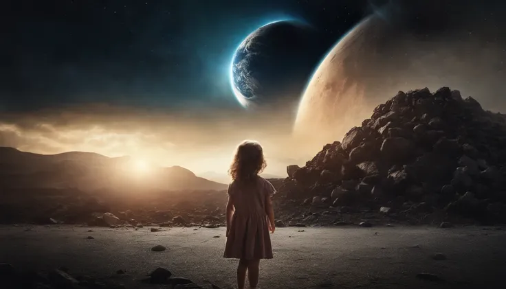 Create an Amazing Realistic and Cinematic Poster, On the poster is a little girl standing and looking into the distance at a comet that is about to hit an already destroyed Earth