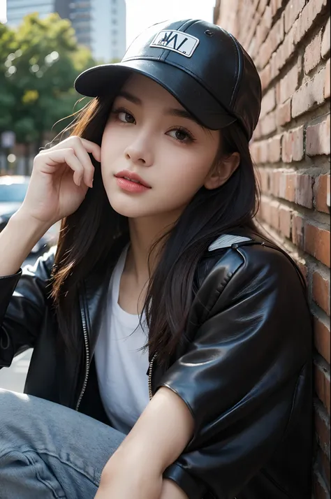 "Generate an image of a young woman in a stylish cap. She wears a backwards cap, that gives a relaxed touch to your look. Her hair flows naturally and a few strands come out from under her cap. She is wearing a black leather jacket with a zipper, ripped je...