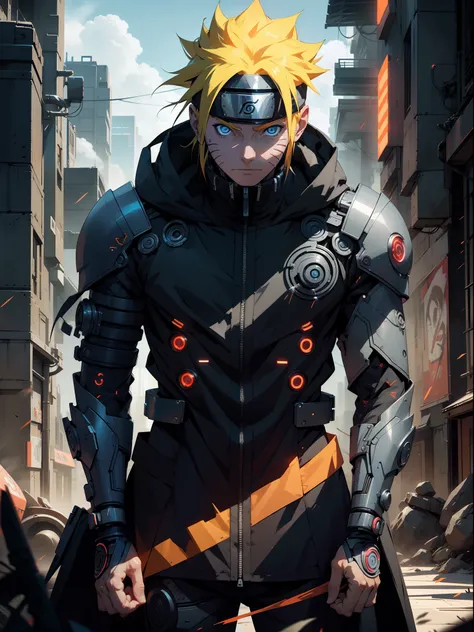 Naruto cyborg mode, full mechanical body, advanced technology, blue lightning, hokage cloak, sharp facial features, detailed armor, bionic enhancements, neon lights, vivid colors, anime style, contrasting shadows, eye-catching visuals, glowing eyes, urban ...