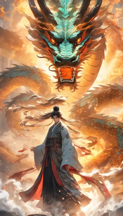 China style，中景 the scene is，The mechanical-style Taoist priest stood in front of a huge transparent dragon，reaching out her hands，With a sword in his right hand, he confronts the dragon，Long messy hair，Glow effect，Hyper-realistic，Ultra photo realsisim，Chin...