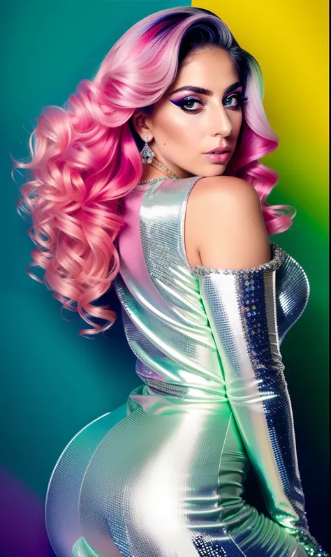 Lady GaGa vestido de colores brillantes y diamantes,extravagante,textura 4K, cabello largo y de colores, calidad alta, cuerpo completo,varias poses corporales,peinado extravagante, Original album cover, imagen 8k, futurista, alta calidad de imagen, en la n...