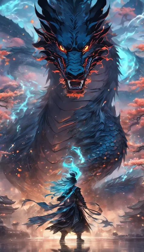 China style，中景 the scene is，The Future Warrior stands in front of a giant transparent black dragon，reaching out her hands，Holds a sword in his right hand, He confronts the dragon，Long messy hair，Glow effect，Hyper-realistic，Ultra photo realsisim，Chinese bla...