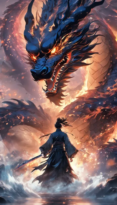 China style，中景 the scene is，The Future Warrior stands in front of a giant transparent black dragon，reaching out her hands，Holds a sword in his right hand, He confronts the dragon，Long messy hair，Glow effect，Hyper-realistic，Ultra photo realsisim，Chinese bla...