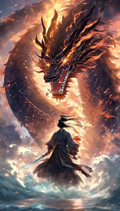 China style，中景 the scene is，The future warrior exuded a clear light all over his body, standing in front of a huge transparent and fierce black dragon，reaching out her hands，Holds a sword in his right hand, He confronts the dragon，Long messy hair，Glow effe...