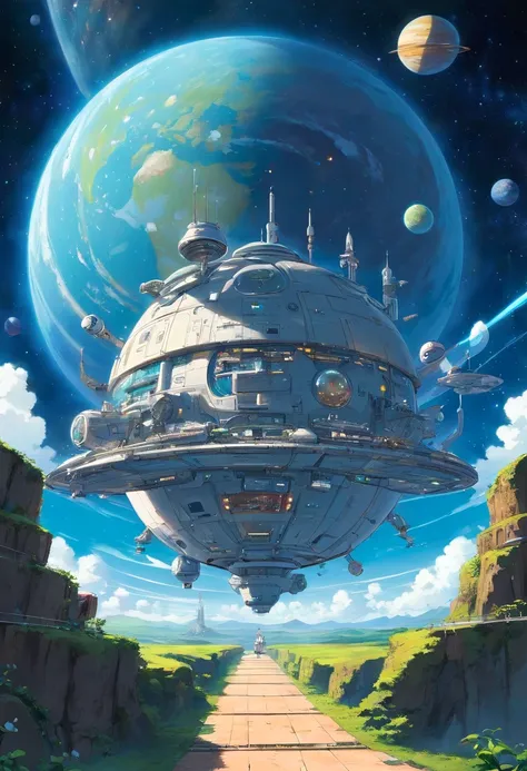 space station, circular space station, elegant metal exteriors, Beyond the Stars, The planets beckon with their captivating fascination. Each planet has unique characteristics, with swirling clouds and intricate surface details. Some planets show signs of ...